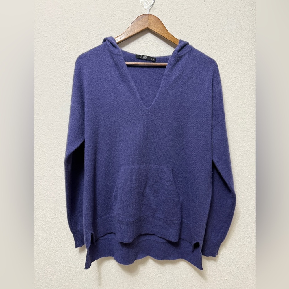 Lusso 100% Cashmere Hoodie Sweater Purple V-Neck Relaxed Fit Women’s M